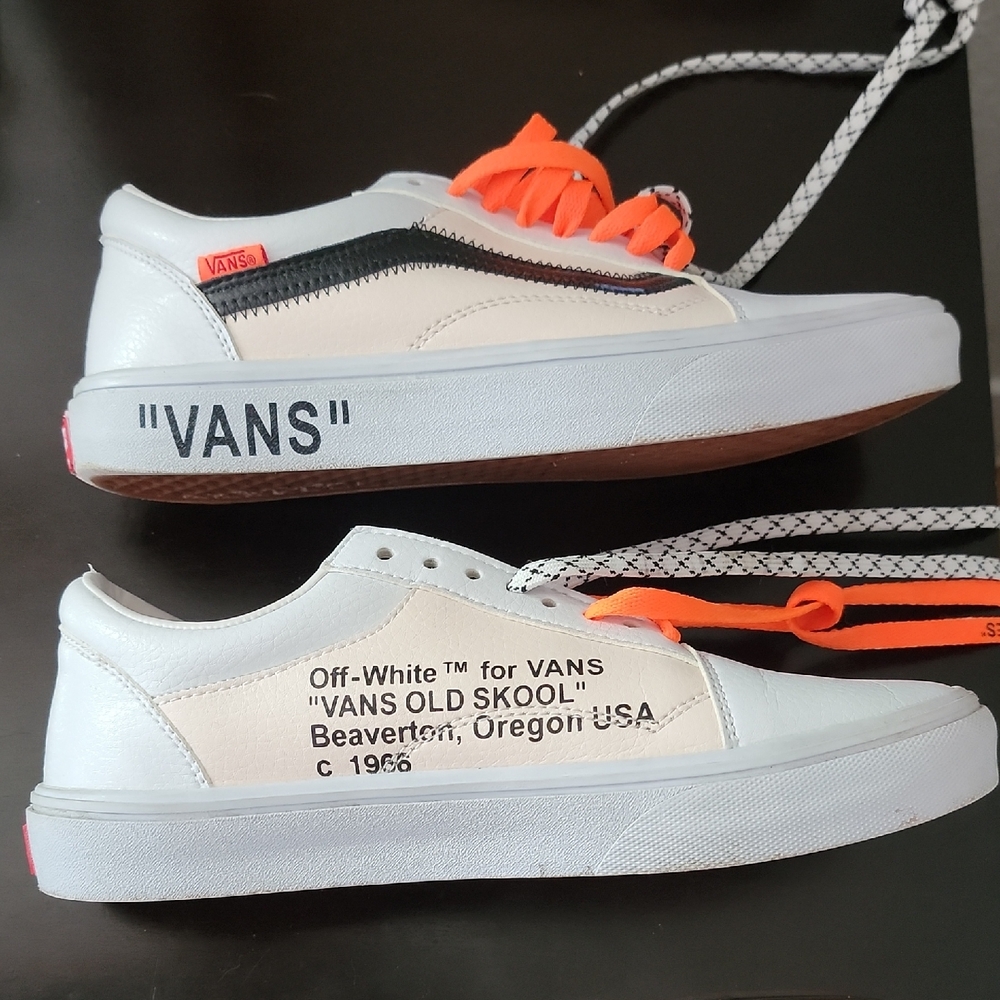 OFF WHITE X Vans LIMITED White and Orange Sneakers Classic Leather Design Unisex